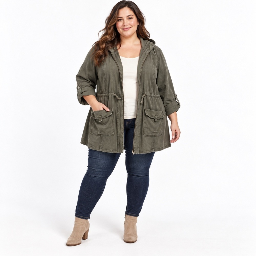 Torrid Womens 2 Olive Green Utility Anorak Jacket Hooded Roll Tab Sleeve Field
